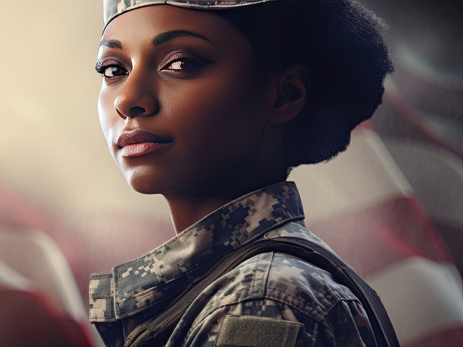 A service member in uniform in front of an American flag
